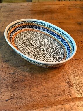 Polish Pottery Oval Baker with Blue Leaves Pattern